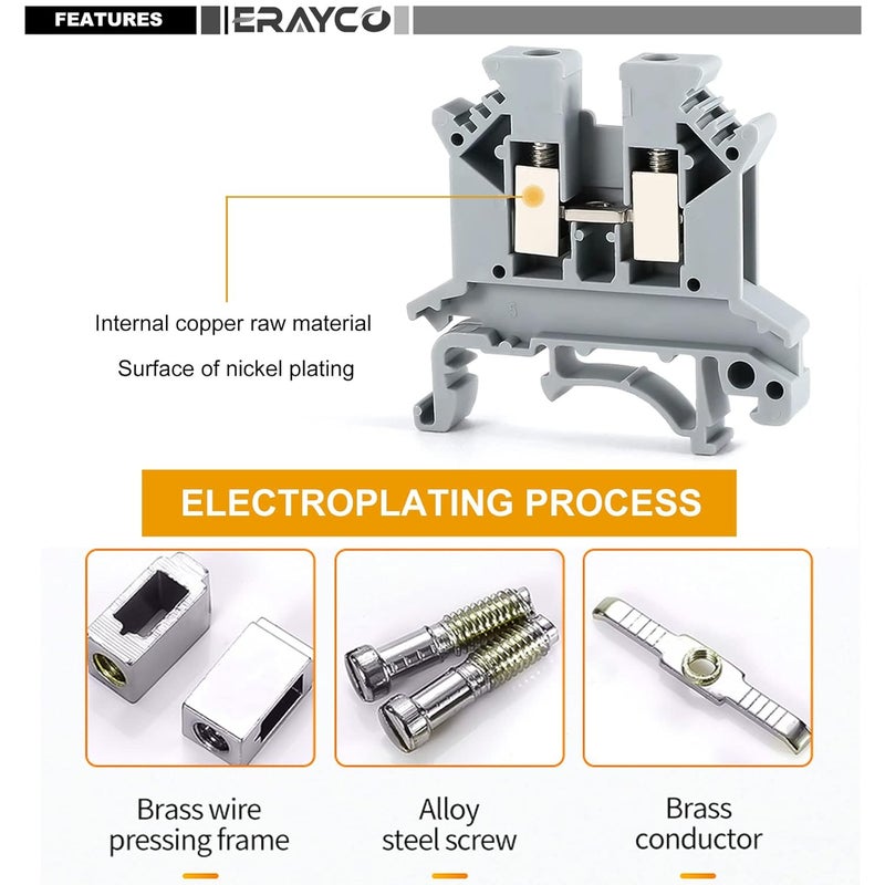 Erayco مجموعة كتل طرفية سكة DIN 20 UK2.5B 12 AWG كتل طرفية 20A 600V كتل أرضية جسور ثابتة أغطية نهائية حوامل نهائية - Image 4